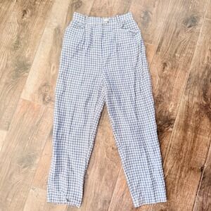 Express Women's Vintage Gingham Linen Blend Tapered Leg Pants, Blue White, 9/10